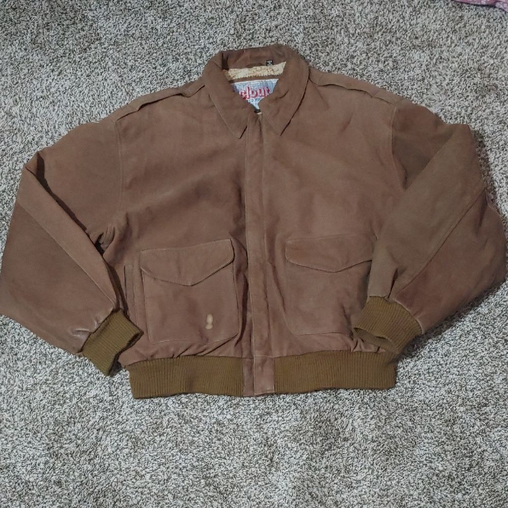 Vintage 90s Clout Brown Leather Bomber Jacket Unisex XL Map Lining